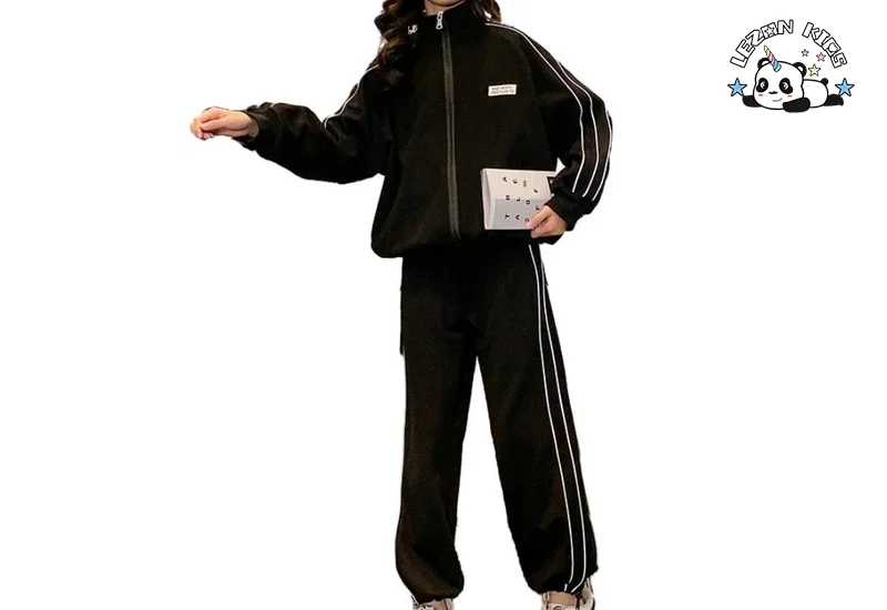 LEZONKIDS - Reflective Strip Kids Two-piece Set Zipper-up Jacket Casual Trousers Girls Sports Suit